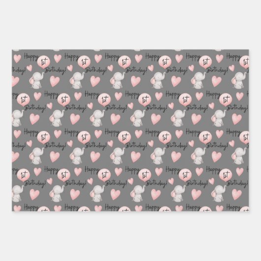 Elephant 1st Birthday Wrapping Paper Sheets (Voorkant 3)