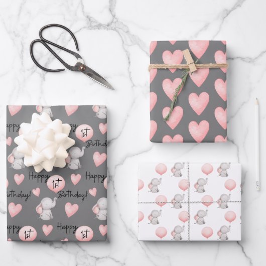 Elephant 1st Birthday Wrapping Paper Sheets (Voorkant)