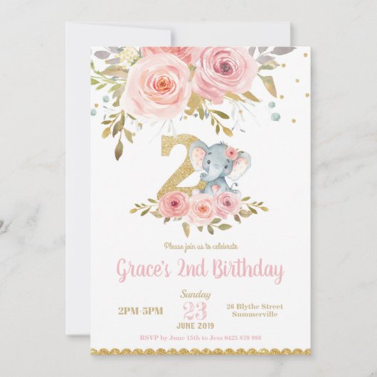 Elephant 2e anniversaire Invitation fille rose flo (Devant)