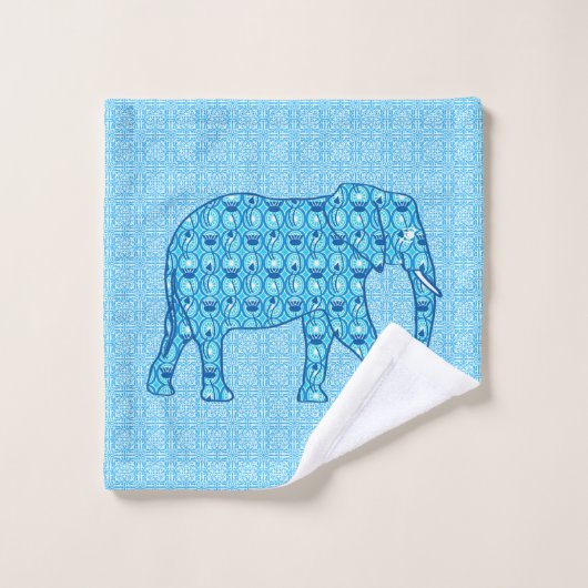 Eléphant à fleurs de Lotus, Turquoise et Blanc (Gant de toilette)