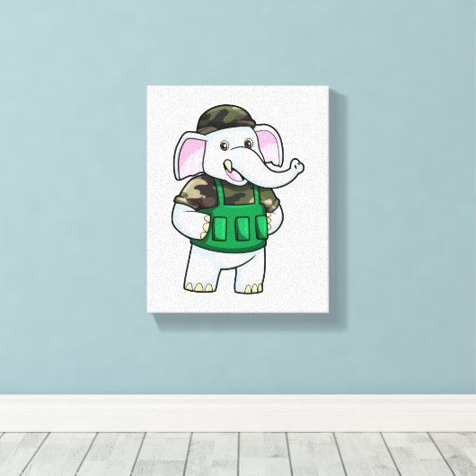 Elephant als Soldaat met Uniform & Helmet Canvas Afdruk (Insitu (Houten vloer))
