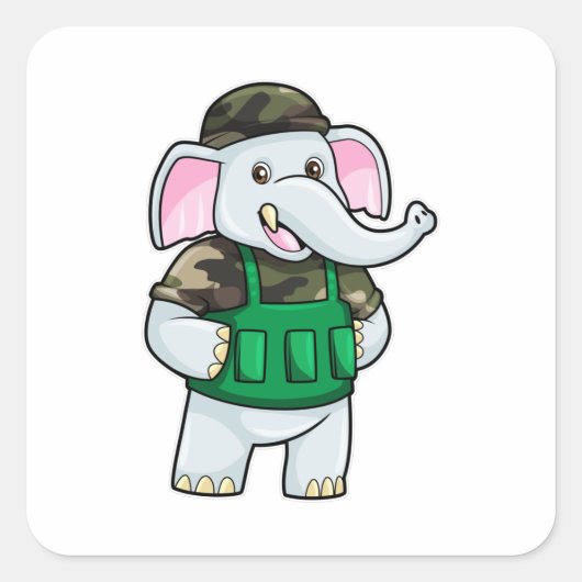 Elephant als Soldaat met Uniform & Helmet Vierkante Sticker (Voorkant)