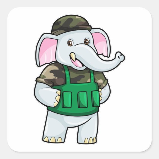 Elephant als Soldaat met Uniform & Helmet Vierkante Sticker (Voorkant)