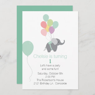 Elephant and Balloons First Birthday Invitation Kaart