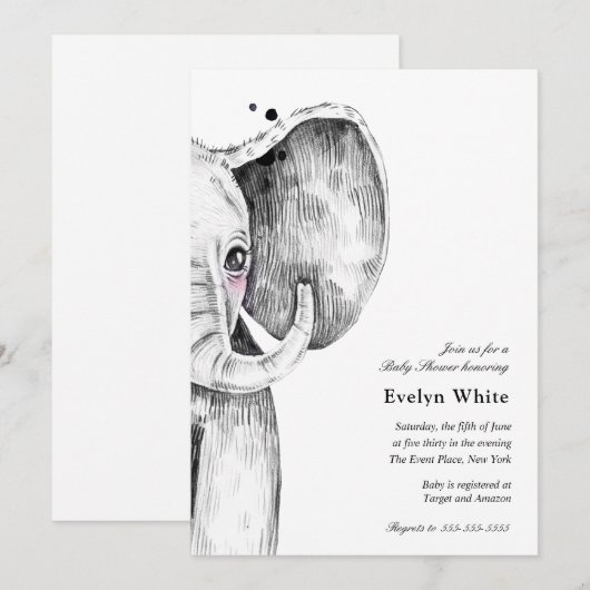 Eléphant aquarelle | invitation Baby shower (Devant / Derrière)