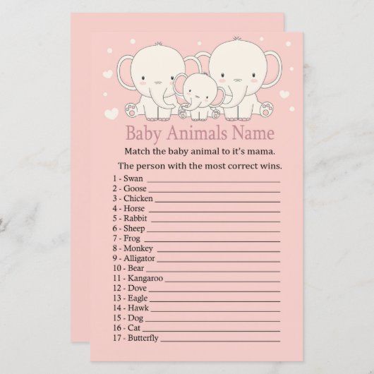 Elephant Baby Animals Name Game (Voorkant / Achterkant)