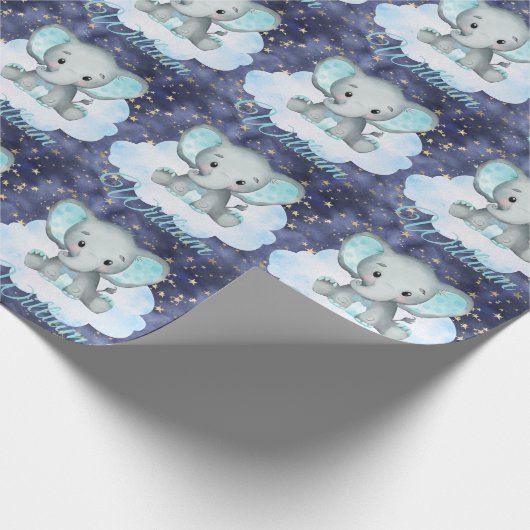 Elephant Baby Boy Blue Sky Gold Stars Aangepaste n Cadeaupapier (Hoek)