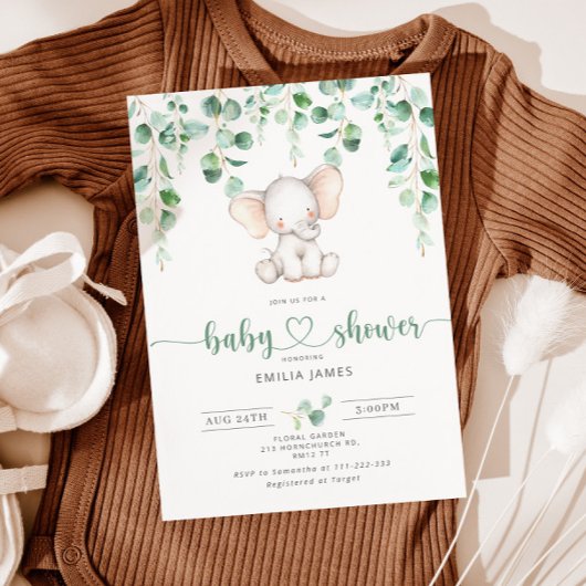 Elephant baby boy douche-uitnodiging. Eucalyptus Kaart