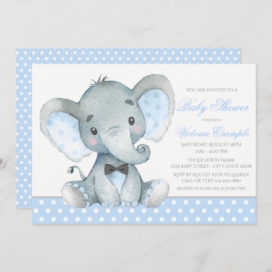 Elephant Baby Boy Shower Invitations (Devant / Derrière)