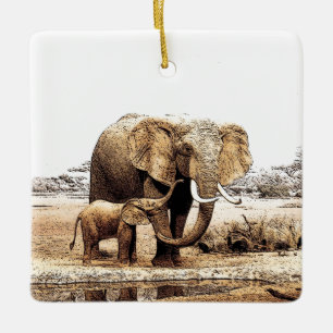 Elephant & Baby Elephant Keramisch Ornament