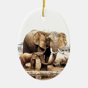 Elephant & Baby Elephant Keramisch Ornament