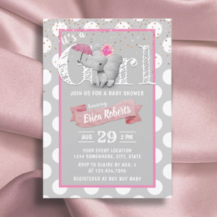 Elephant Baby Girl Cute Polka Dot Grey Baby shower Kaart