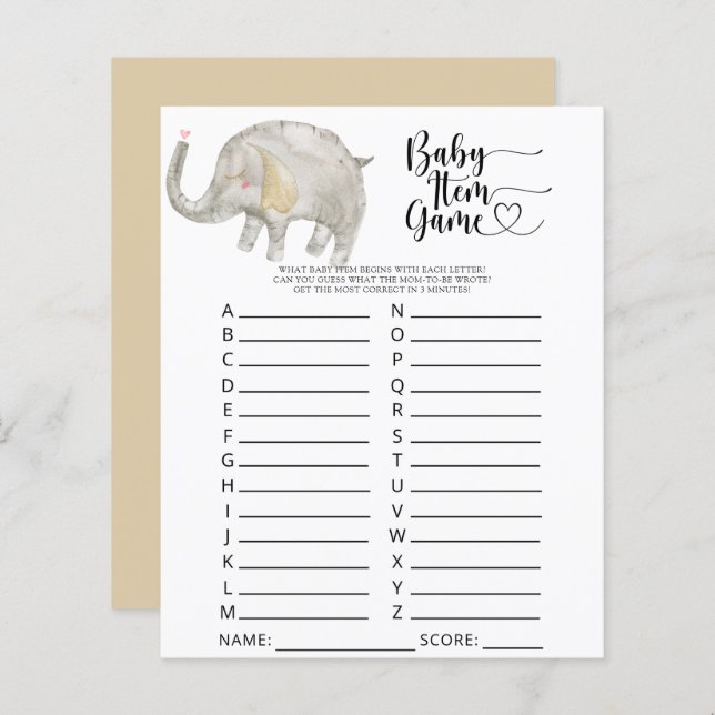 Elephant Baby item Game. Baby shower game (Voorkant / Achterkant)