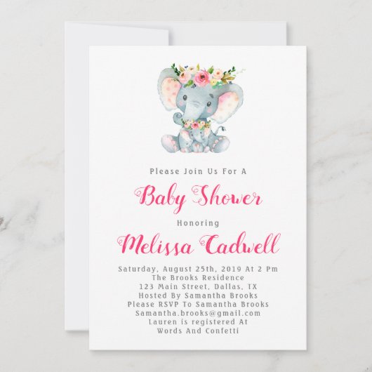 Elephant Baby shower bébé fille douche Invitations (Devant)