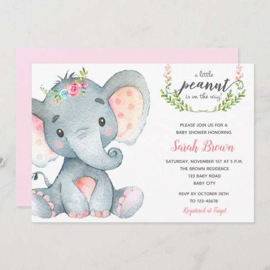 Elephant baby shower bébé fille invitation douche (Devant / Derrière)