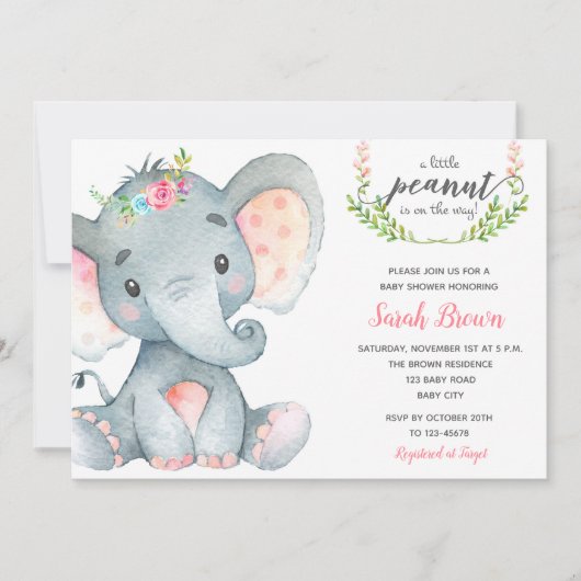 Elephant baby shower bébé fille invitation douche (Devant)