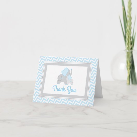 Elephant Baby shower Bedankt Kaart Blauw en Grijs (Voorkant)