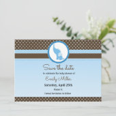Elephant baby shower, behalve de datum blauw bruin save the date (Staand voorkant)