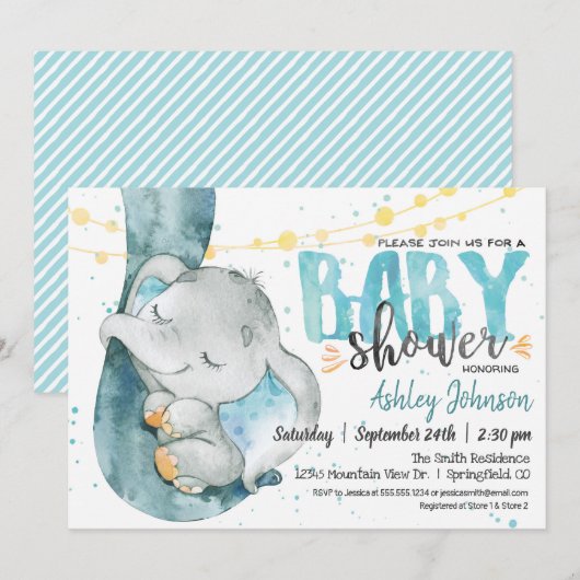 Elephant Baby shower Boy beroemd gemaakt door Blue Kaart (Voorkant / Achterkant)