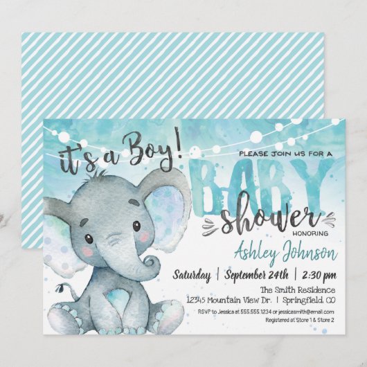 Elephant Baby shower Boy Invitation Kaart (Voorkant / Achterkant)