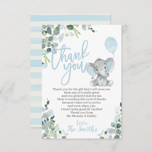Elephant Baby shower Dank je kaarten voor een jong (Voorkant / Achterkant)