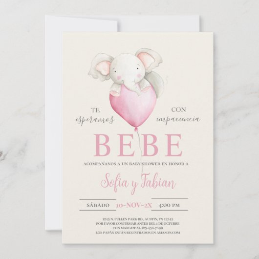 Elephant Baby shower Espagnol Invitation (Devant)
