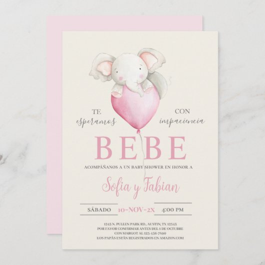 Elephant Baby shower Espagnol Invitation (Devant / Derrière)
