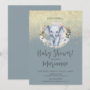 Elephant Baby shower Faux Gold Glitter Dusty Blue Kaart