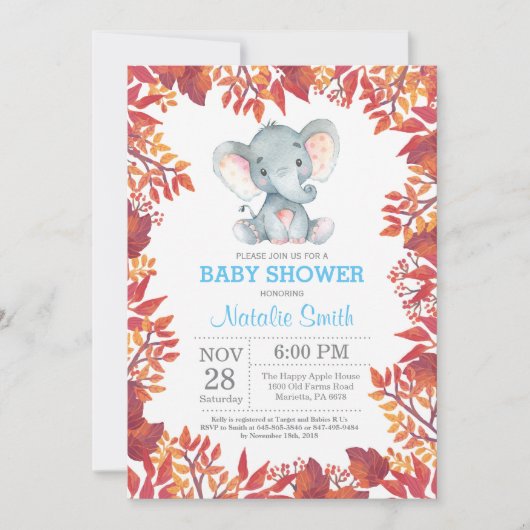 Elephant Baby shower Floral Herfst najaar uitnodig Kaart (Voorkant)