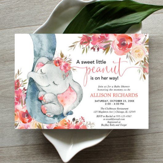 Elephant baby shower girl coral floral watercolos kaart