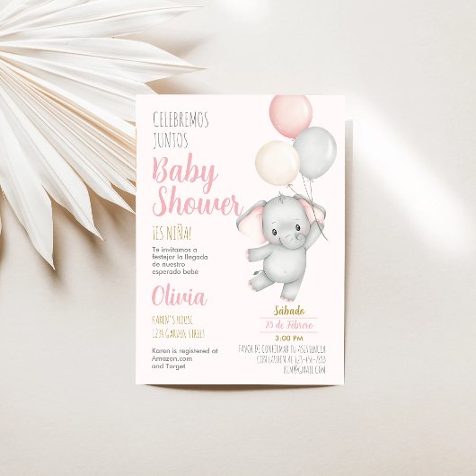 Elephant Baby shower Girl Espagnol Invitation