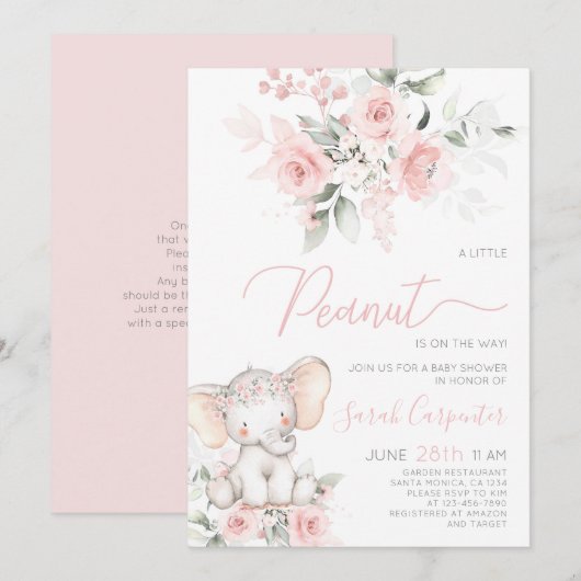 Elephant Baby shower Girl Invitation Kaart (Voorkant / Achterkant)