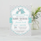 Elephant Baby shower Invitation Aqua and Grey Kaart (Staand voorkant)