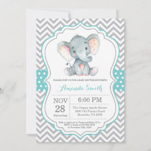 Elephant Baby shower Invitation Aqua and Grey Kaart