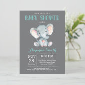 Elephant Baby shower Invitation Aqua and Grey Kaart (Staand voorkant)