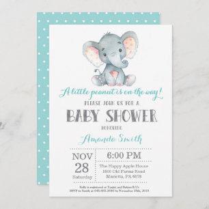 Elephant Baby shower Invitation Aqua and Grey Kaart