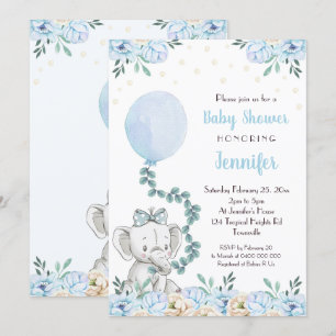 Elephant Baby shower Invitation Balloons Blue Baby Kaart