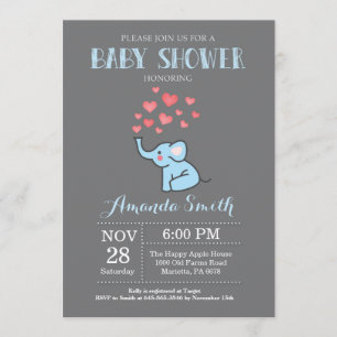 Elephant Baby shower Invitation Blue en Grey Boy Kaart