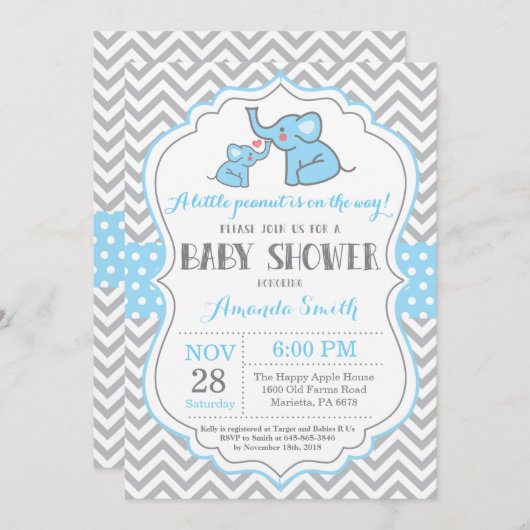 Elephant Baby shower Invitation Blue en Grey Kaart (Voorkant / Achterkant)