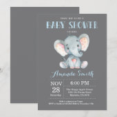 Elephant Baby shower Invitation Blue en Grey Kaart (Voorkant / Achterkant)