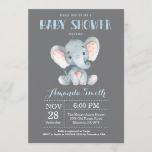 Elephant Baby shower Invitation Blue en Grey Kaart