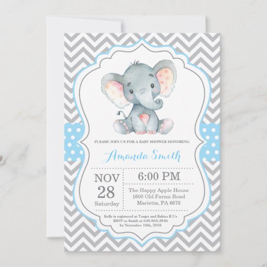 Elephant Baby shower Invitation Blue en Grey Kaart (Voorkant)