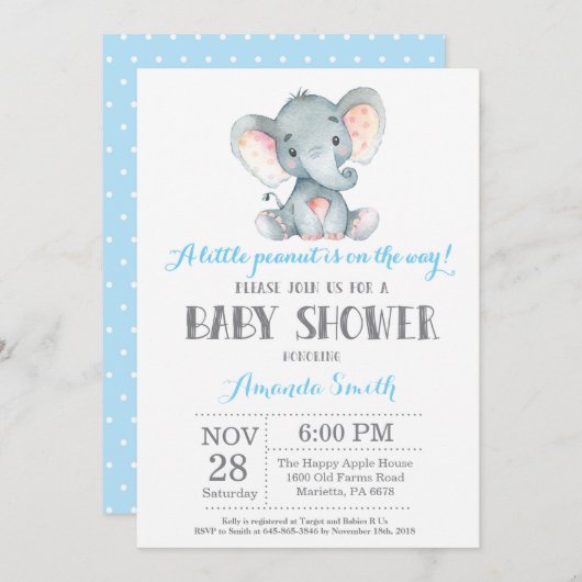 Elephant Baby shower Invitation Blue en Grey Kaart (Voorkant / Achterkant)