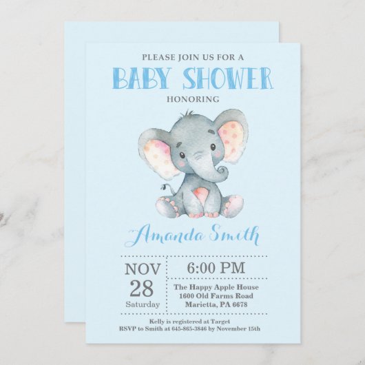 Elephant Baby shower Invitation Blue en Grey Kaart (Voorkant / Achterkant)