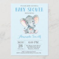 Elephant Baby shower Invitation Blue en Grey