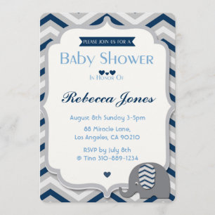 Elephant Baby shower Invitation Boy Blue Chevron Kaart