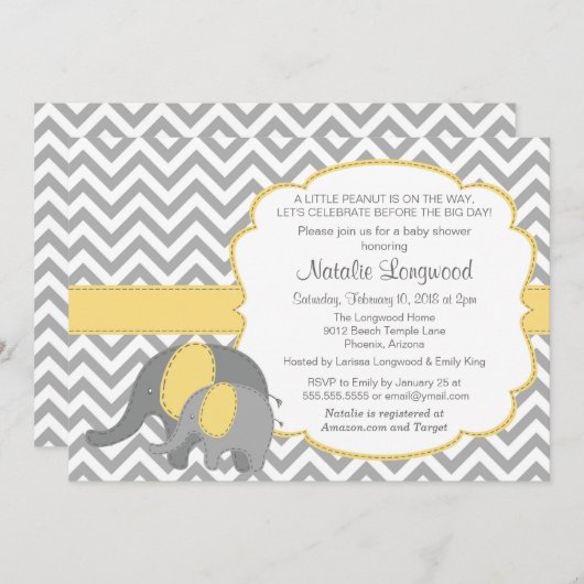 Elephant Baby shower Invitation, Chevron, geel Kaart (Voorkant / Achterkant)