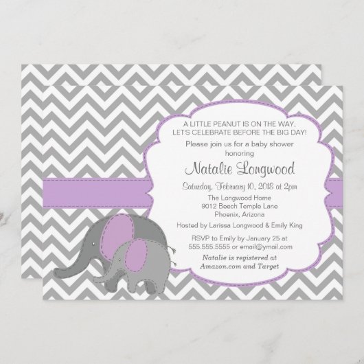 Elephant Baby shower Invitation, Chevron, paarse Kaart (Voorkant / Achterkant)