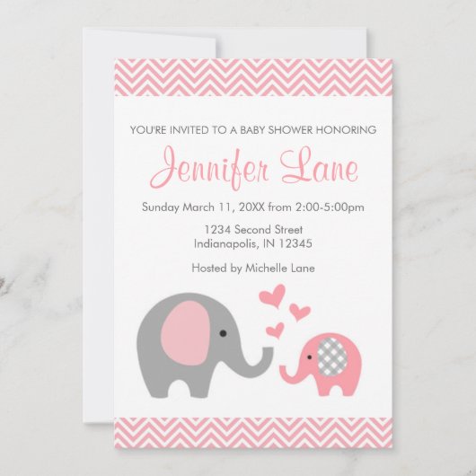 Eléphant Baby shower Invitation fille (Devant)