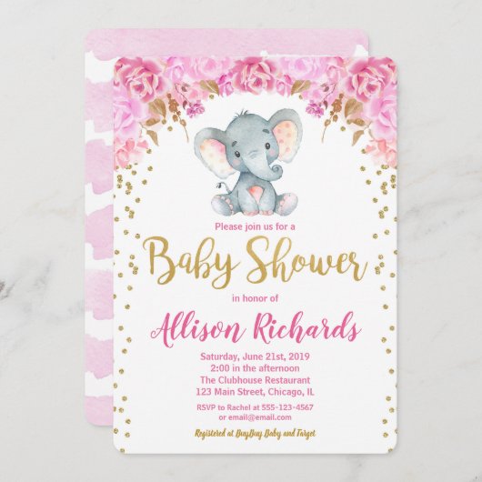 Elephant baby shower invitation fille or rose (Devant / Derrière)